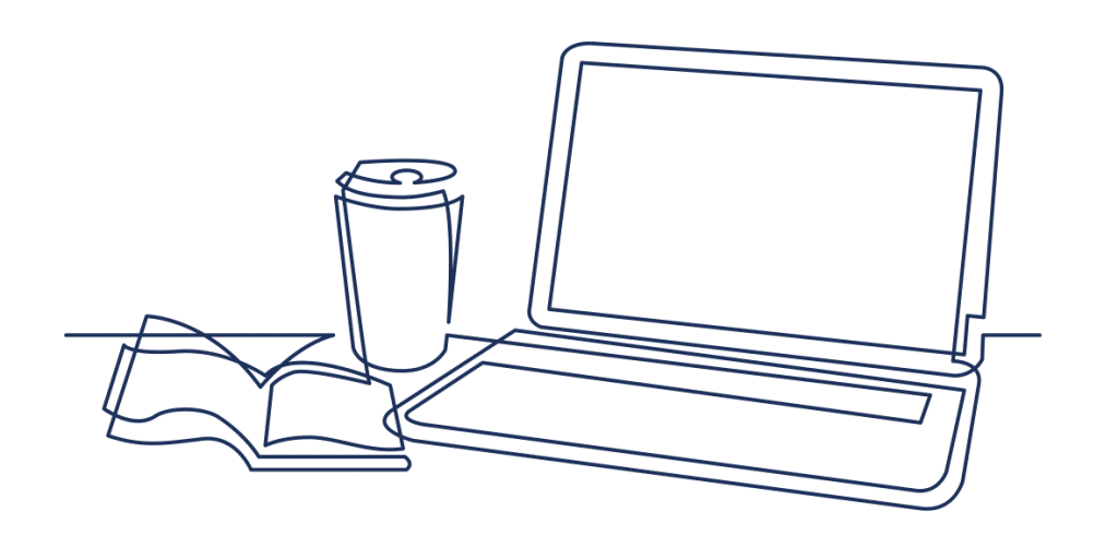 Line illustration of laptop and coffee for a Digital Agency